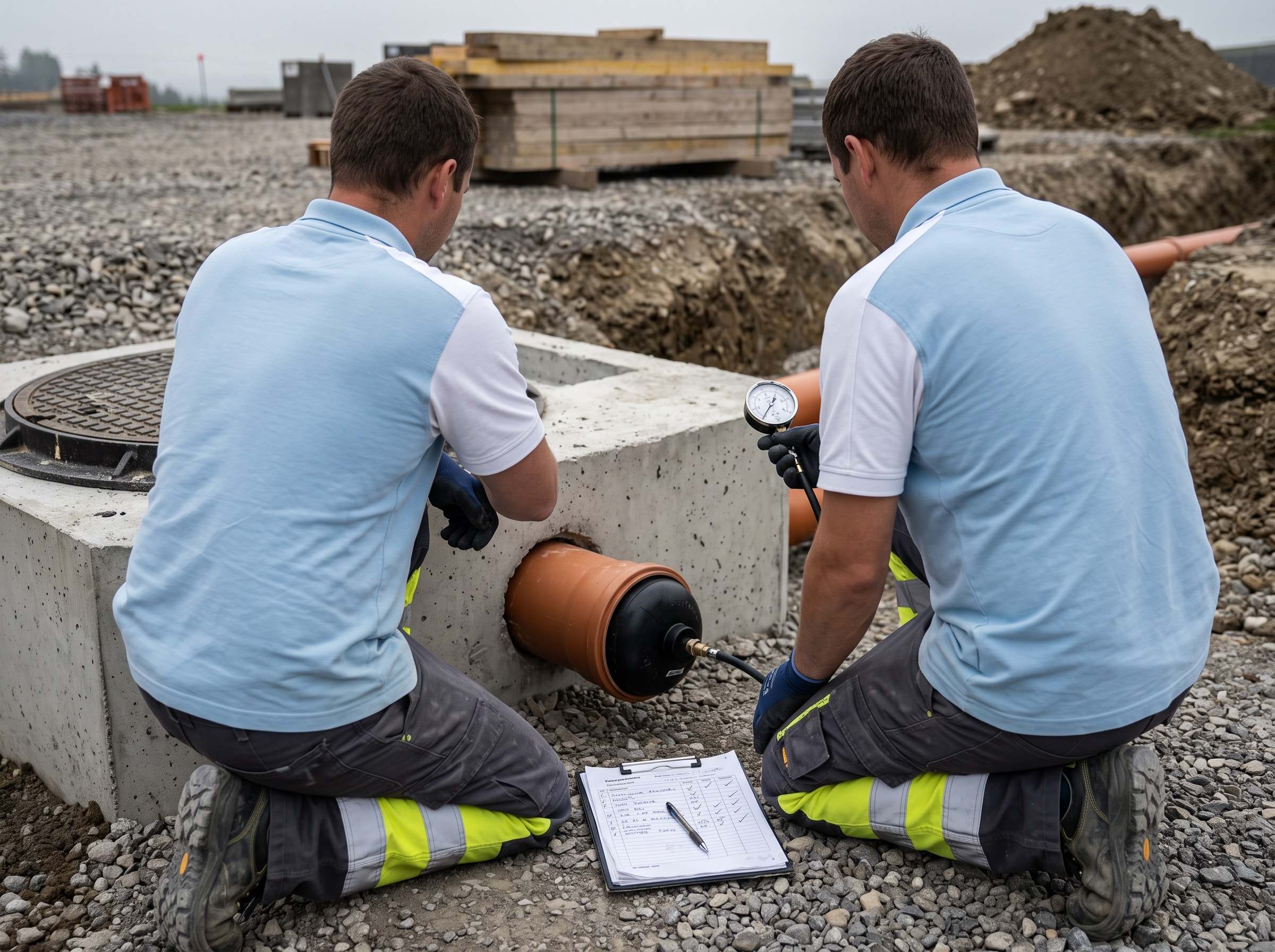 Prüfgerät mit Manometer an einem neu verlegten Abwasserrohr