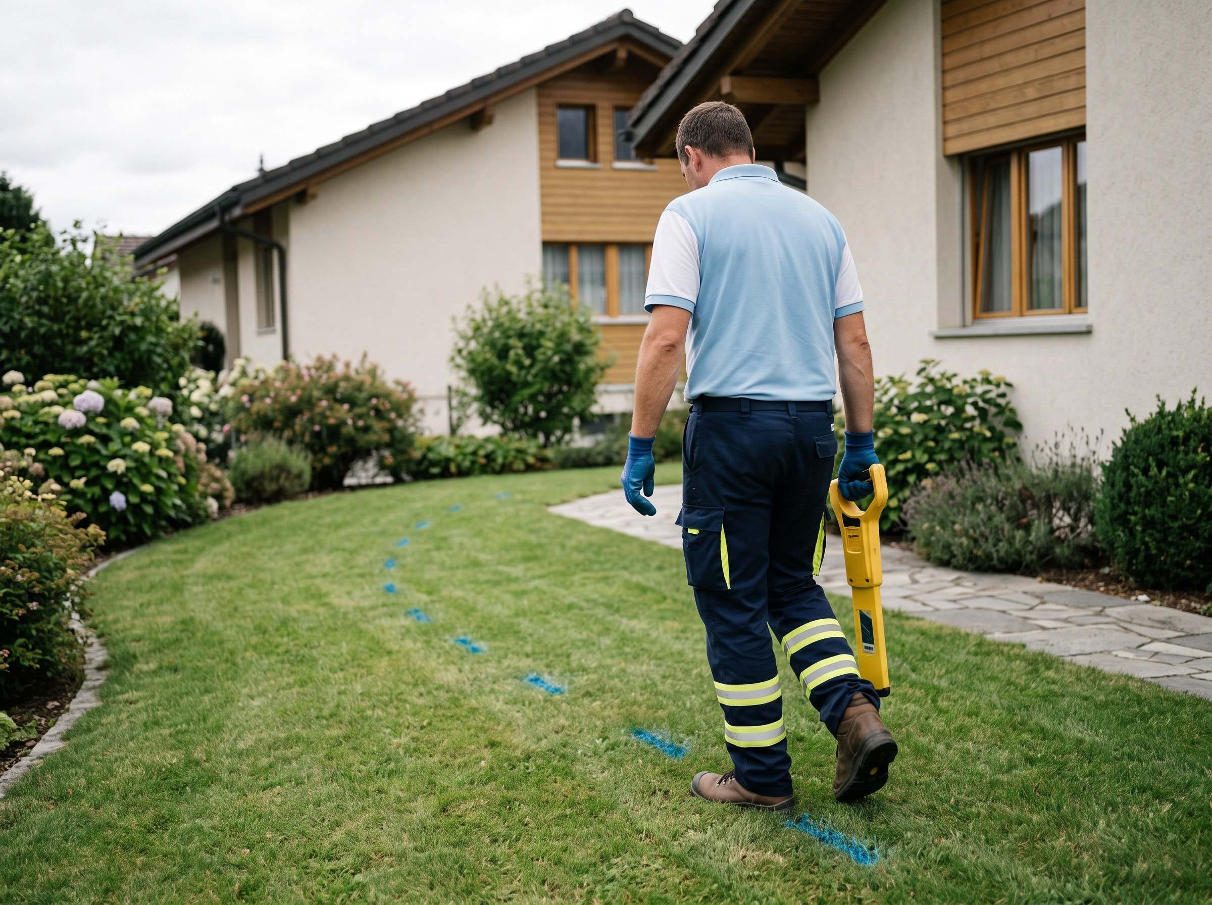 Mitarbeiter ortet mit einem Ortungsgerät den Verlauf einer Leitung im Garten